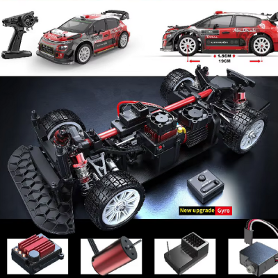 Carro telecomandado Citroën vermelho e preto com chassis exposto