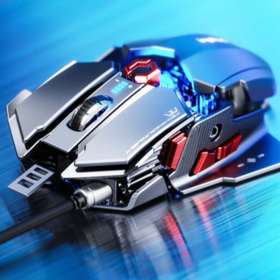 Rato gaming futurista preto com detalhes vermelhos e azuis em fundo azul metálico