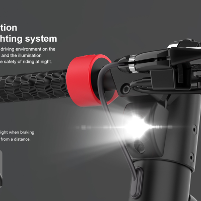 Guiador preto com luz LED e anel vermelho numa trotinete elétrica