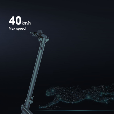 Trotinete elétrica preta com suspensões vermelhas e texto sobre velocidade máxima.