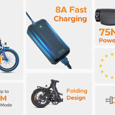 Bicicleta elétrica Engwe L20 3.0 Boost, compacta com suspensão total e potência Boost de 250 W e 75 Nm.