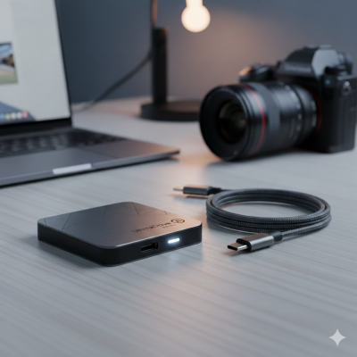 Disco rígido externo preto com cabo USB-C ao lado sobre mesa com laptop e câmara ao fundo