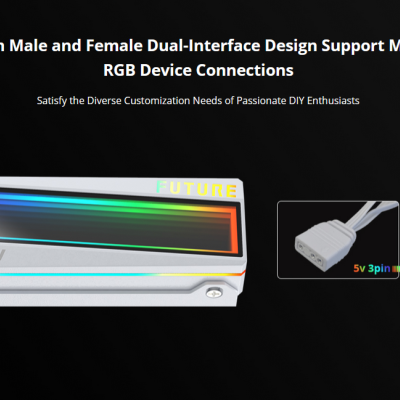 Dispositivo eletrónico cinza com iluminação RGB e texto FUTURE