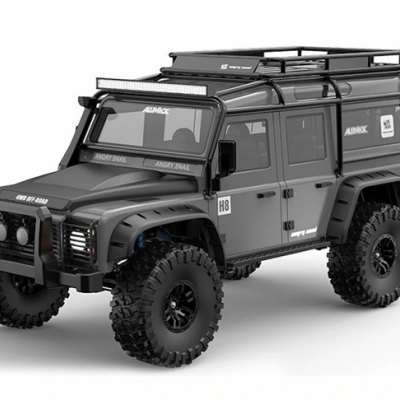 Carro de controlo remoto preto robusto com grandes pneus e texto 'ANGRY SNAIL', 'ALNDCK', 'H8', 'ENJOY OFF-ROAD'