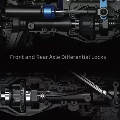 Componentes mecânicos de eixos dianteiros e traseiros com texto 'Front and Rear Axle Differential Locks'.