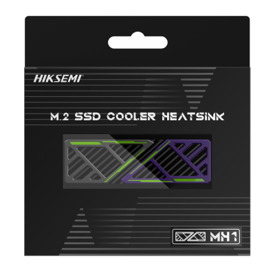 Embalagem negra com dissipador de calor para M.2 SSD HIKSEMI com detalhes verdes e roxos.