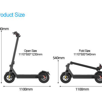 Trotinete elétrica preta com dimensões abertas e dobradas