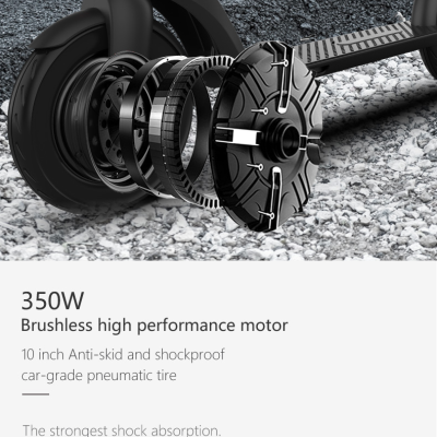 Roda e motor de trotinetes elétrico preto com pneu anti-derrapante e amortecimento