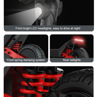 Detalhes do trotinet elétrico preto com suspensões de mola vermelho e luzes LED