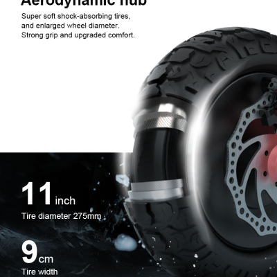 Pneu off-road ultra-largo preto com aro e disco de travão metálicos, texto técnico à esquerda