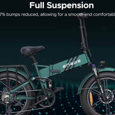 Bicicleta elétrica dobrável ENGWE verde com suspensão total e pneus grossos.
