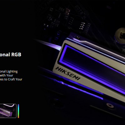 Componente de computador com iluminação RGB azul e texto FUTURE e HIKSEMI