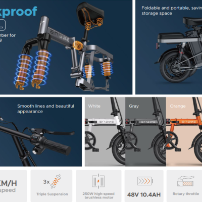 Bicicleta Elétrica Dobrável ENGWE T14 250W 55 km Alcance Máximo.  Velocidade Máxima 25 km/h.
