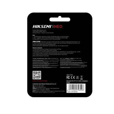 Embalagem preta com texto branco e vermelho do cartão de memória HIKSEMI NEO.