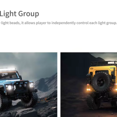 Dois jipes de brinquedo com luzes LED em terreno rochoso