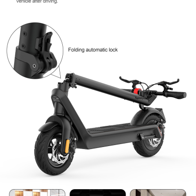 Trotinete elétrica preta dobrável com fecho automático em diferentes ambientes