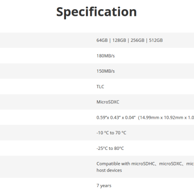 Tabela de especificações técnicas para cartão MicroSDXC com capacidades e velocidades de leitura e gravação