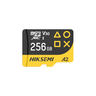 Cartão de memória microSDXC 256 GB preto e amarelo com texto e símbolos