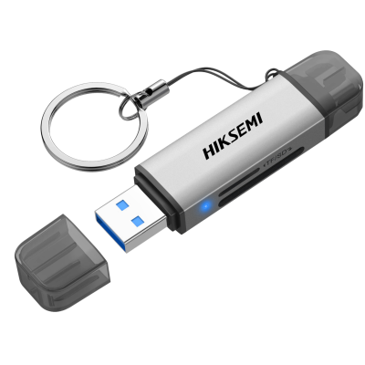 Leitor de cartões USB HIKSEMI prateado com tampa preta transparente e anilha metálica