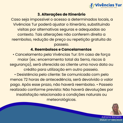 Texto sobre condições de itinerário e reembolsos da Vivências Tur sobre fundo bege com logotipo e fotografia.