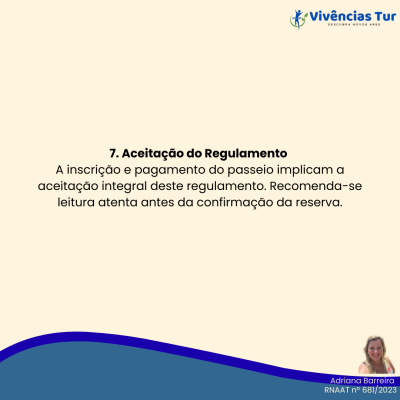 Aviso com texto sobre aceitação do regulamento, logo Vivências Tur e foto de uma mulher.