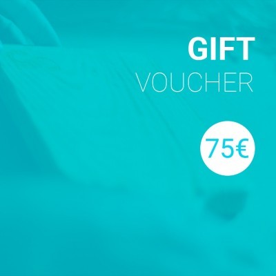 Fundo azul com texto 'GIFT VOUCHER' e valor '75€' em destaque
