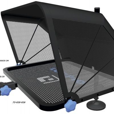 estrutura em metal e plástico preta para suporte com medidas visíveis