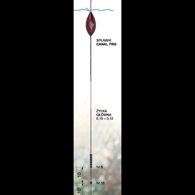 Boia de pesca vermelha e preta com texto SPŁAWIK CANAL PRO e especificações de linha e anzóis