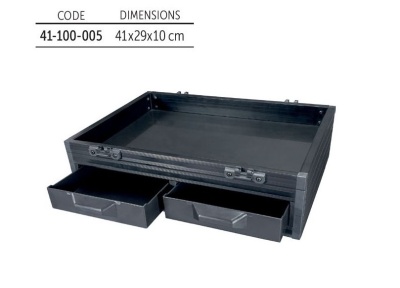 Caixa organizadora preta com duas gavetas e tampa aberta