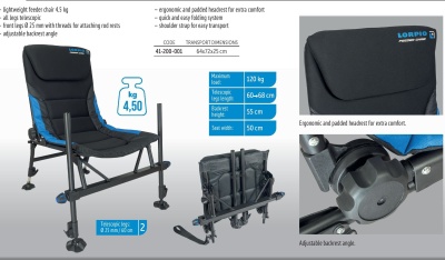 Cadeira portátil preta e azul LORPIO FEEDER CHAIR com encosto almofadado e pernas telescópicas.