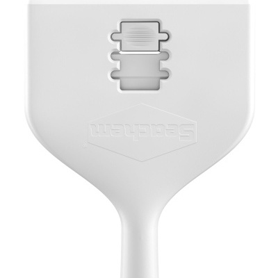 Espátula de plástico branco com recorte e texto Seachem