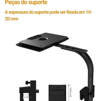 Peças de suporte pretas com especificações de dimensões e ajuste em português.