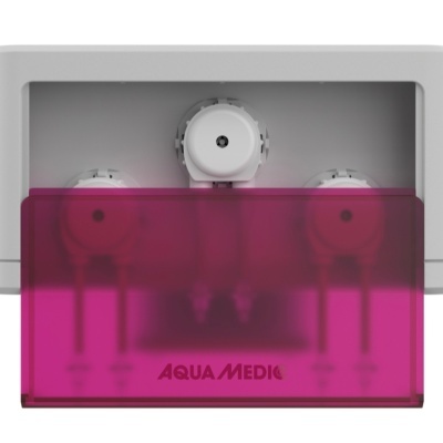 Dispositivo branco com tampa translúcida rosa e texto AQUA MEDIC