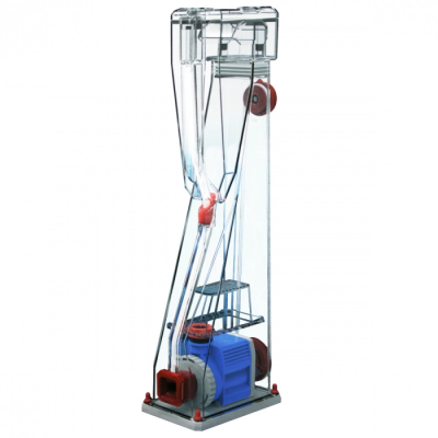 Elevador de Lego Technic em plástico translúcido e cores azul, vermelho e cinzento