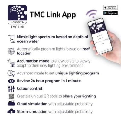 Promoção da app TMC Link com lista de funcionalidades e telemóvel com interface da app
