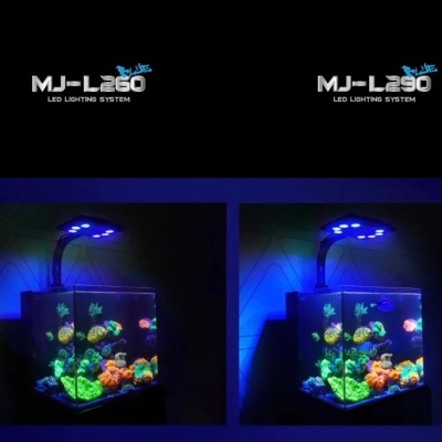 Dois aquários com iluminação LED destacando corais fluorescentes coloridos em fundo escuro.