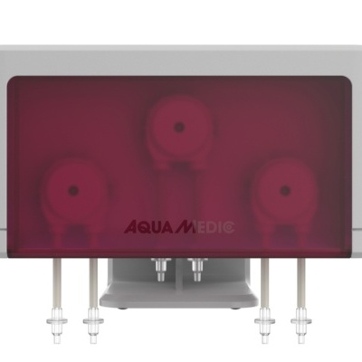 Dispositivo branco com tampa vermelha translúcida e o texto AQUA MEDIC