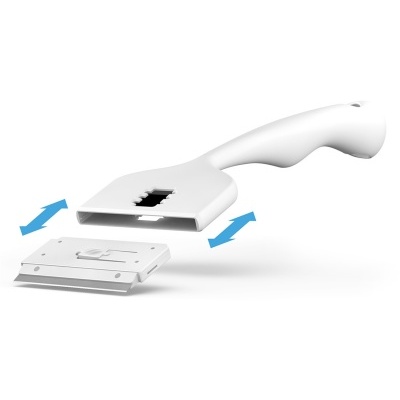 Raspador branco com lâmina metálica destacável e cabo ergonómico