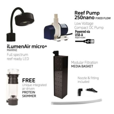 Produtos para aquário marinho: luminária LED, bomba de circulação, escoador de proteínas e filtro modular.