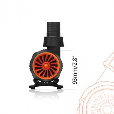 Bomba de água preta e laranja com ventilador circular e medida mostrada