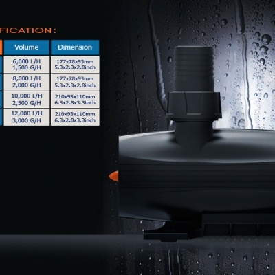 Bomba de água preta com tabela de especificações colorida e fundo molhado