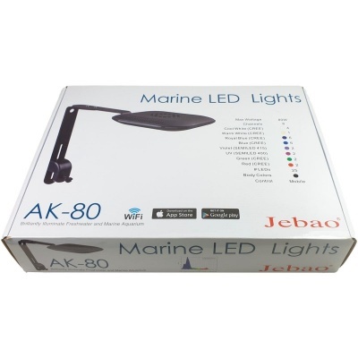 Caixa de luzes LED marinhas Jebao AK-80 com candeeiro preto e informação técnica