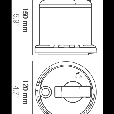 Desenho técnico de um recipiente cilíndrico com alça e medidas em milímetros e polegadas