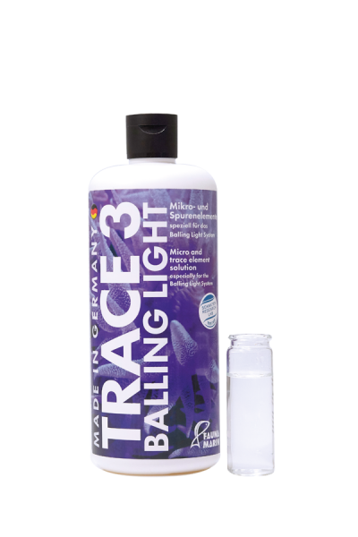 Frasco de produto TRACE3 BALLING LIGHT com rótulo roxo e frasco pequeno transparente ao lado
