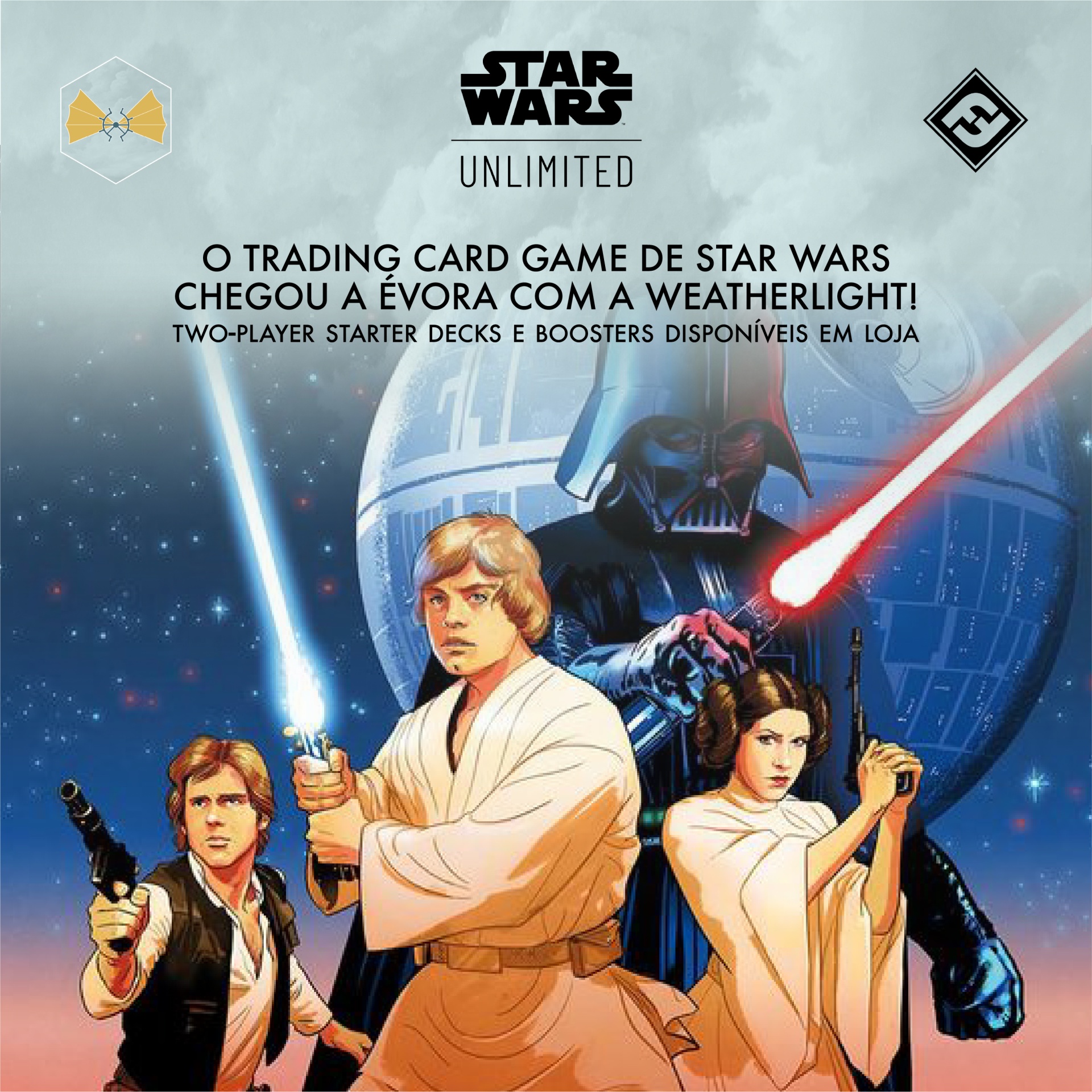 Promoção do jogo de cartas Star Wars Unlimited com personagens icónicos e texto em português