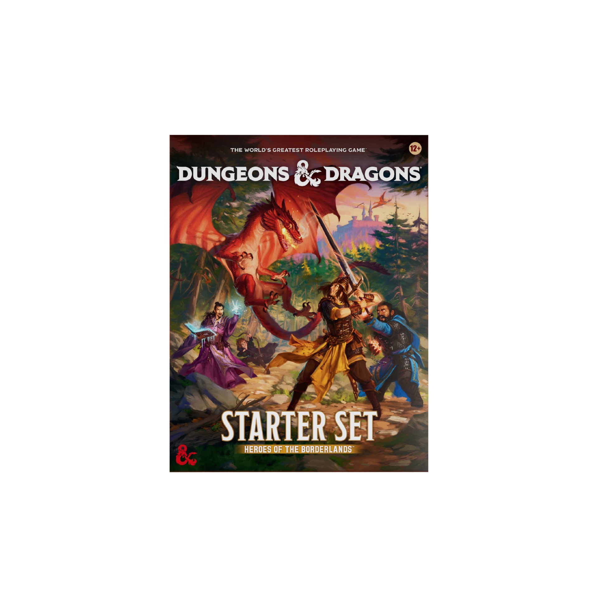 Dungeons & Dragons - Starter Set: Heroes of the Borderlands - EN Capa do jogo Dungeons & Dragons Starter Set com dragão vermelho e aventureiros numa floresta