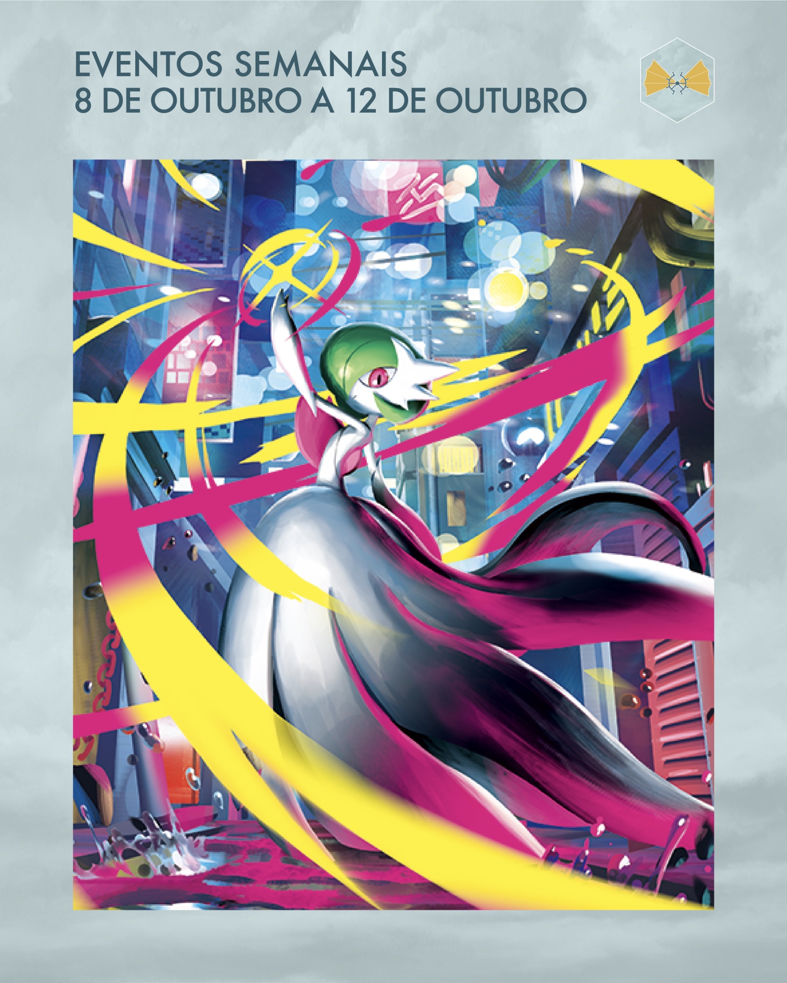 Imagem promocional de eventos semanais com personagem animado em ambiente urbano