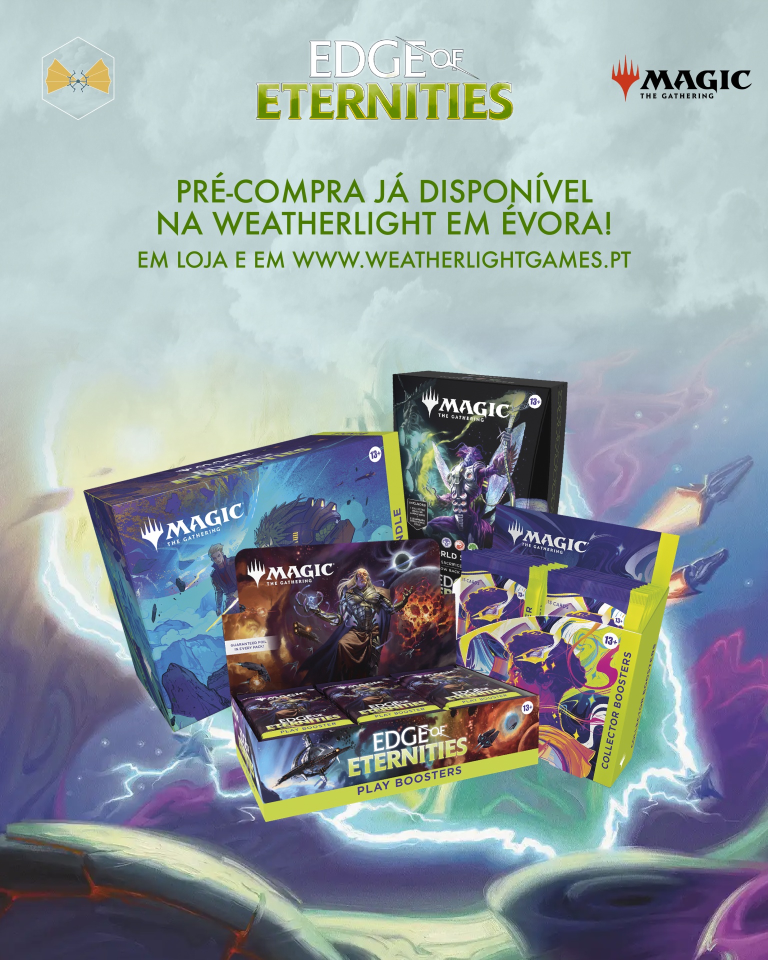 Cartas e caixas do jogo Magic: The Gathering Edge of Eternities com texto promocional sobre pré-compra em português.