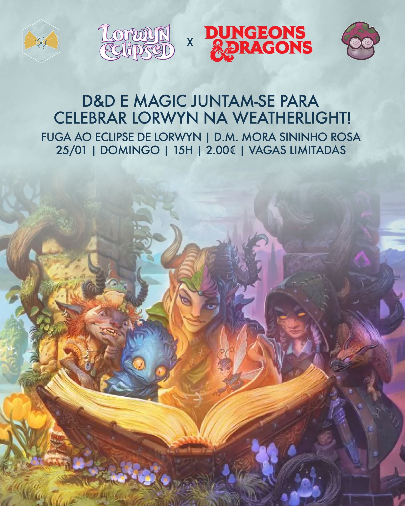 Ilustração de personagens de fantasia à volta de um livro aberto com texto promocional em português sobre evento de Dungeons & Dragons e Magic.
