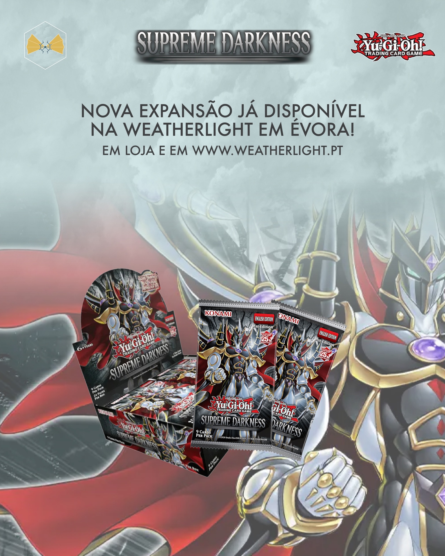 Imagem promocional Yu-Gi-Oh! expansão SUPREME DARKNESS com pacotes de cartas e personagem armado em fundo cinzento